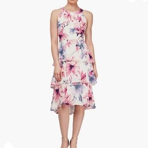 BotanicalPrint WovenChiffon Overlay Tiered Pebble Midi Dress Ivory